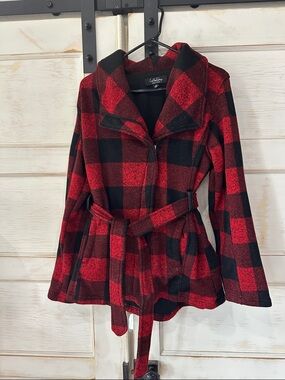 CoffeeShop Red and Black Plaid Belted Pea Coat